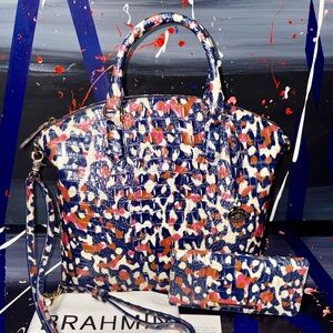 Brahmin Blue and Orange Satchel with Structured Design and Wallet set